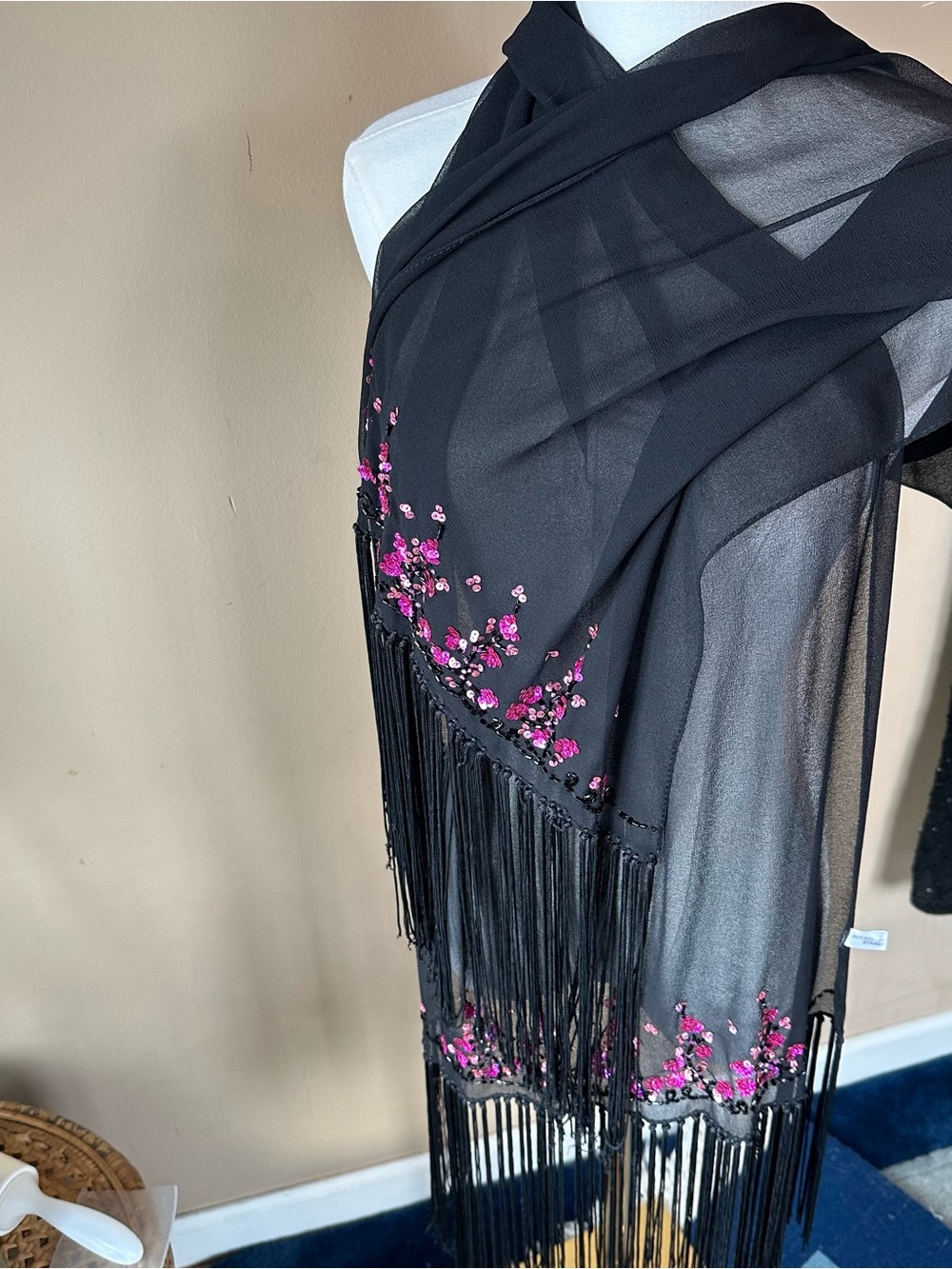 Vintage Black Sheer pink Beaded Fringe Scarf Wrap